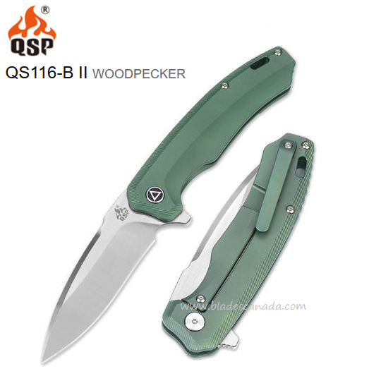 QSP Woodpecker Flipper Framelock Knife, M390, Titanium Green, QS116-B II - Click Image to Close